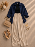 Navy-Blue Button Down Shirt With Black Inner & Beige Formal Pant
