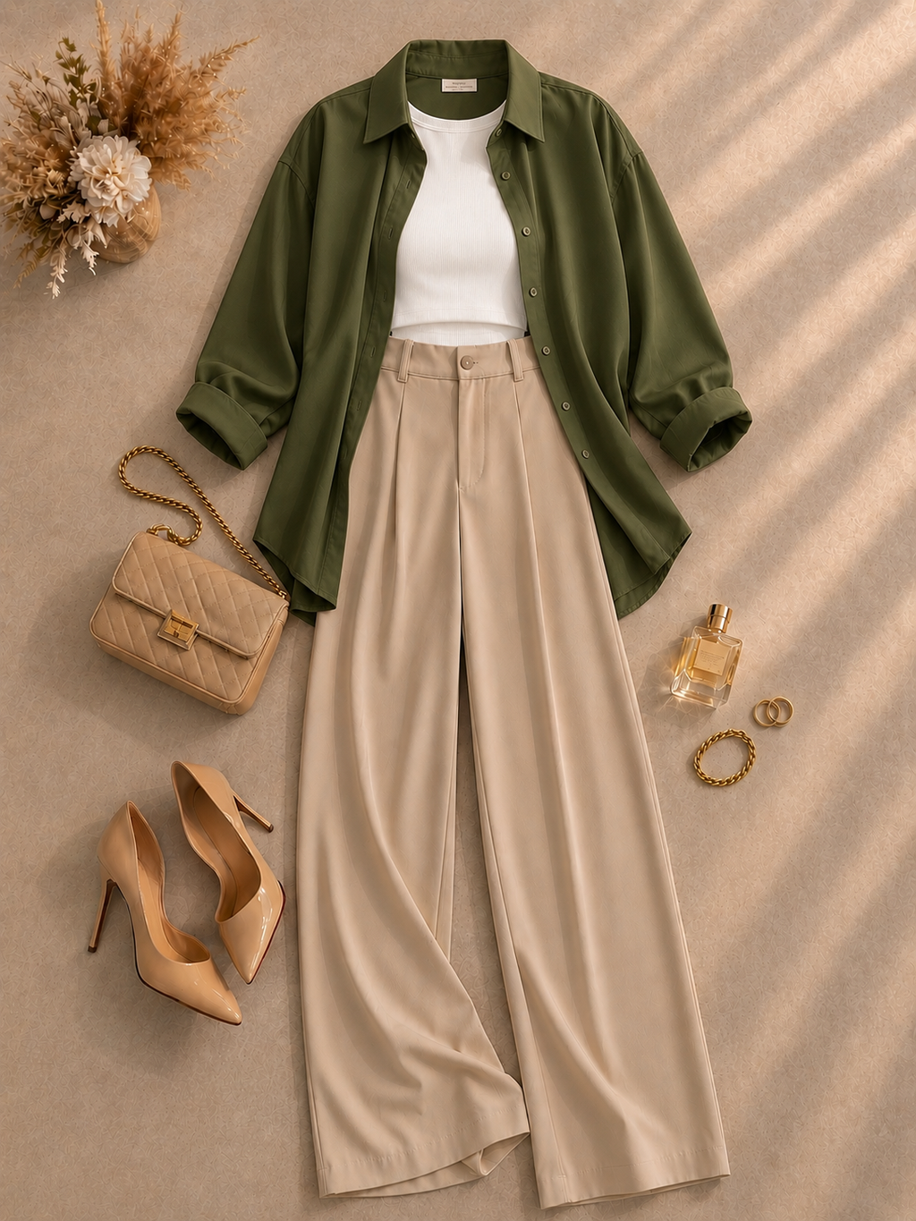 Olive-Green Button Down Shirt With White Inner & Beige Formal Pant