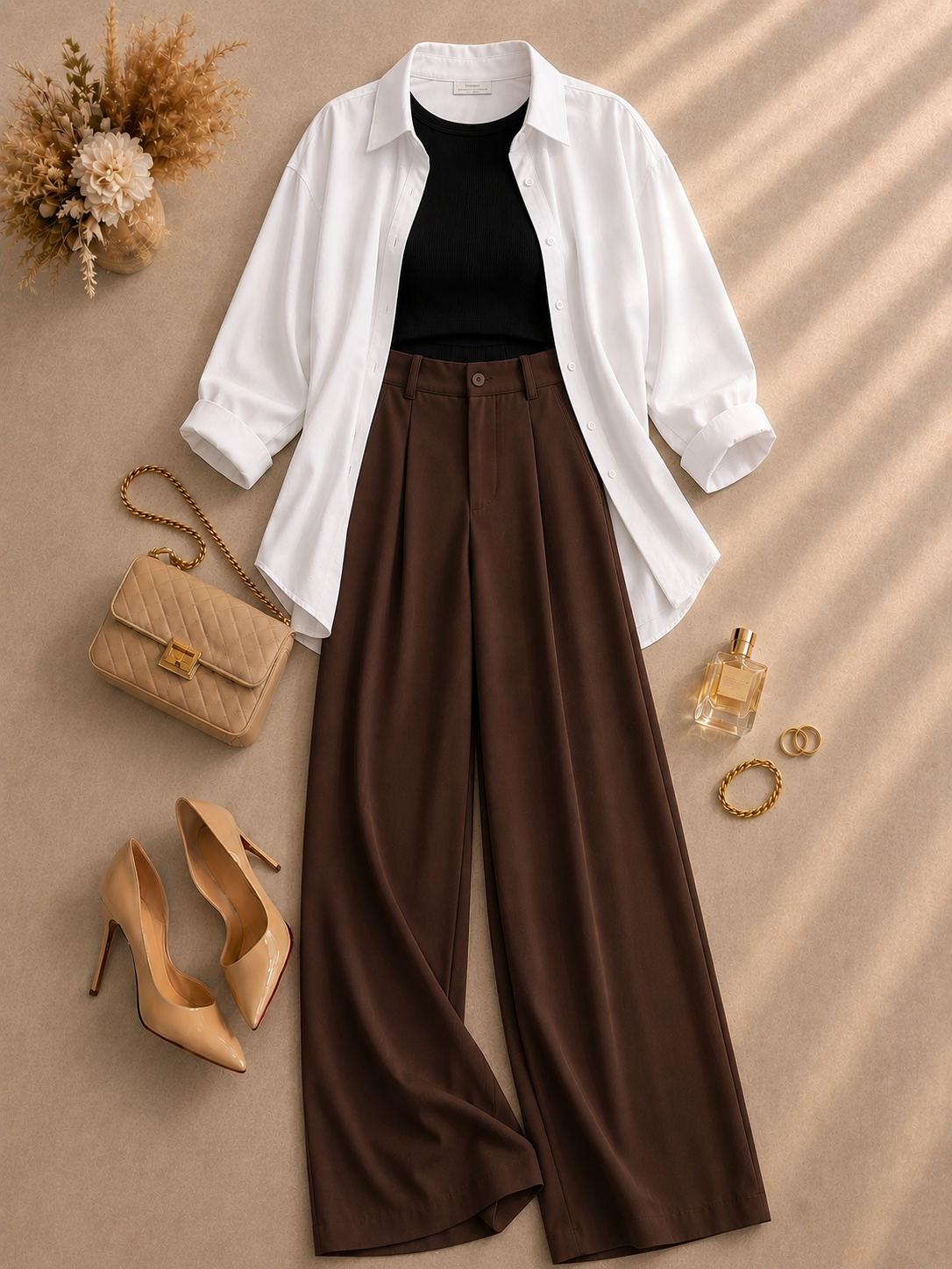 White Button Down Shirt With Black Inner & Brown Formal Pant