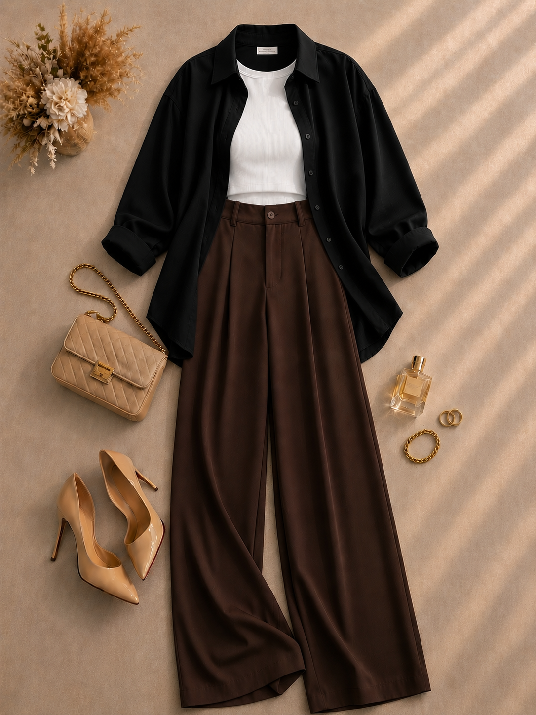 Black Button Down Shirt With White Inner & Brown Formal Pant