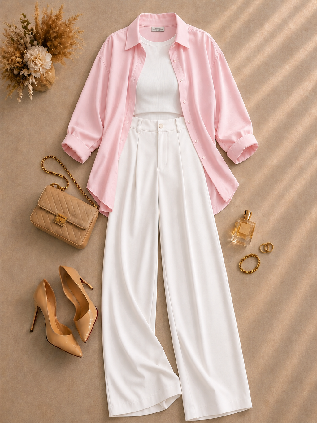 Baby-Pink Button Down Shirt With White Inner & White Formal Pant