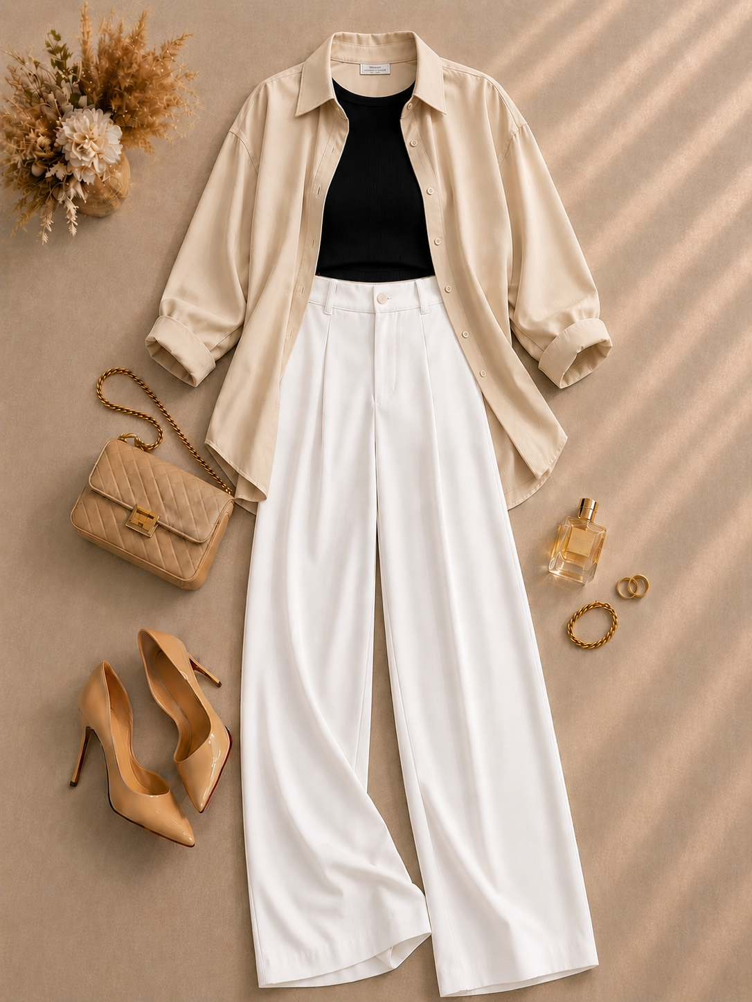 Beige Button Down Shirt With Black Inner & White Formal Pant