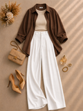Brown Button Down Shirt With Beige Inner & White Formal Pant