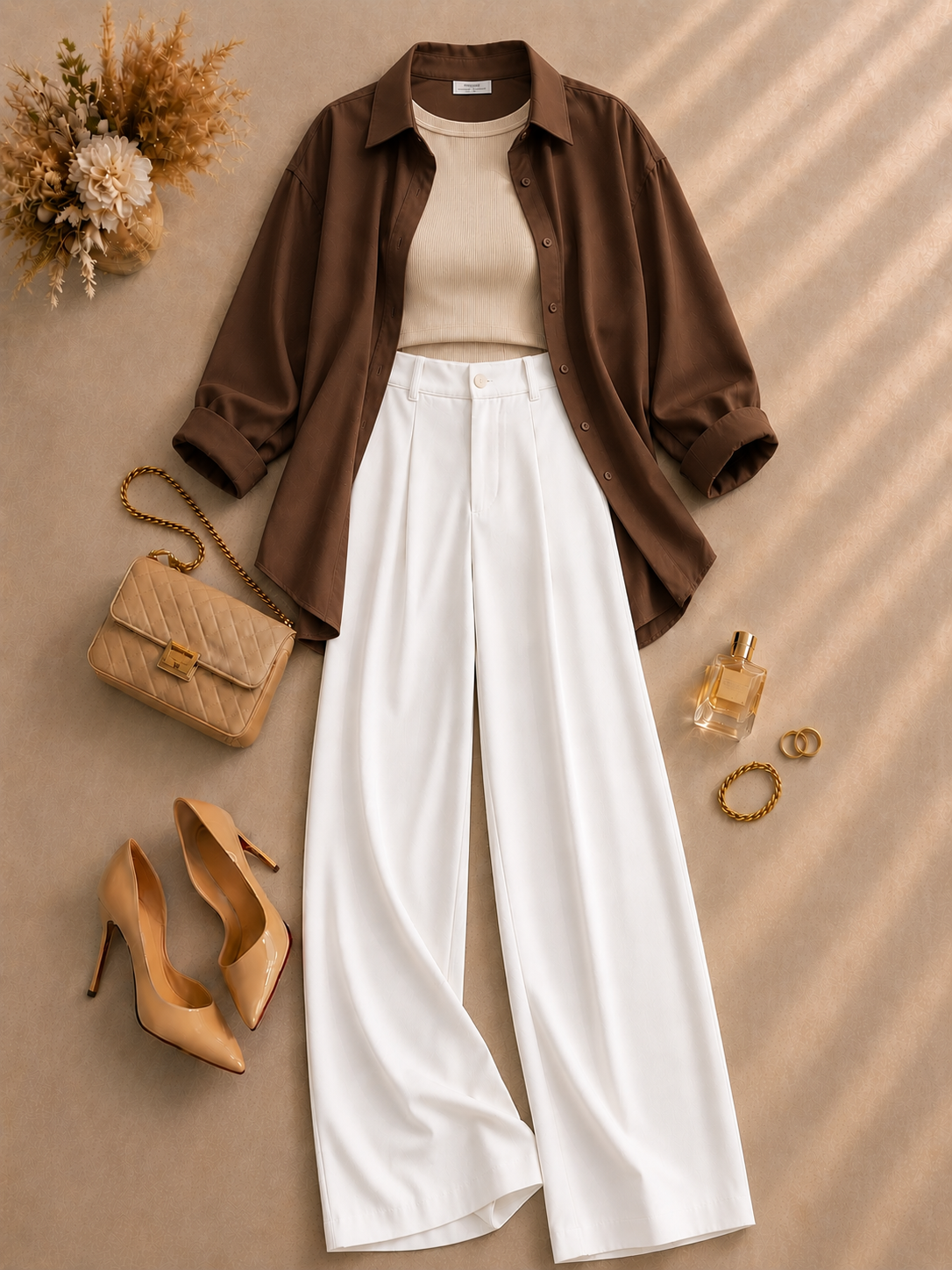 Brown Button Down Shirt With Beige Inner & White Formal Pant