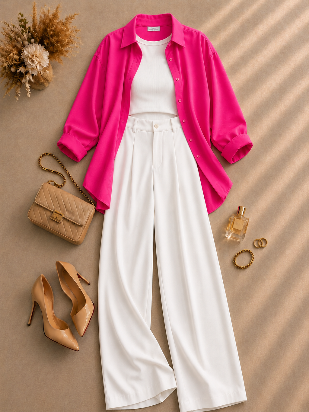 Hot-Pink Button Down Shirt With White Inner & White Formal Pant