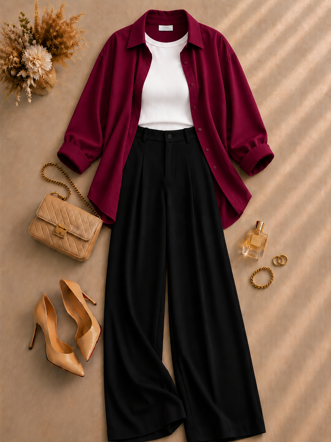 Maroon Button Down Shirt With White Inner & Black Formal Pant