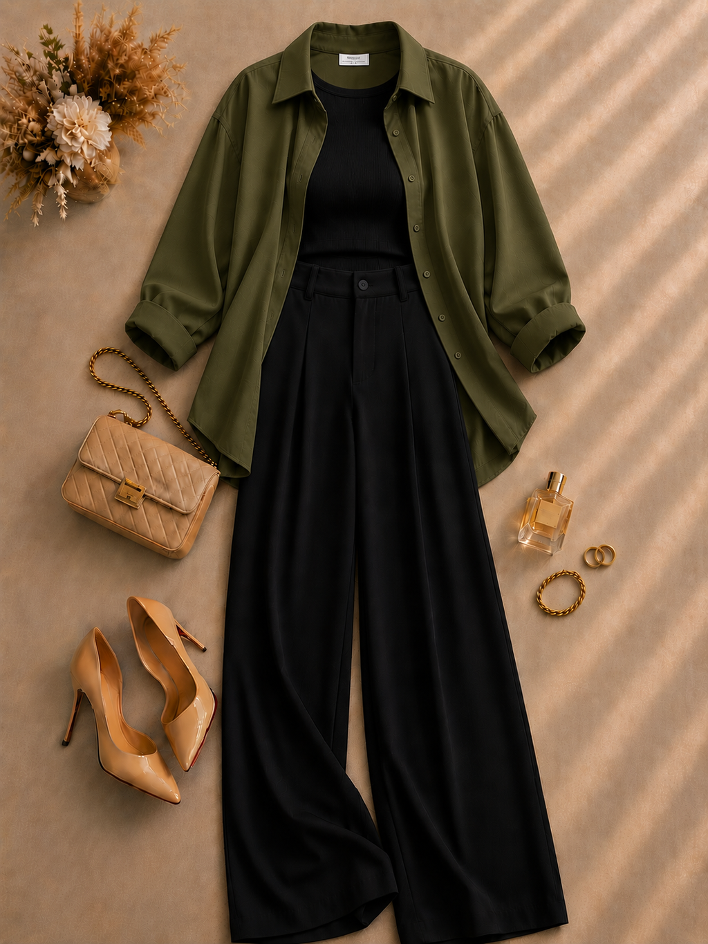 Olive-Green Button Down Shirt With Black Inner & Black Formal Pant