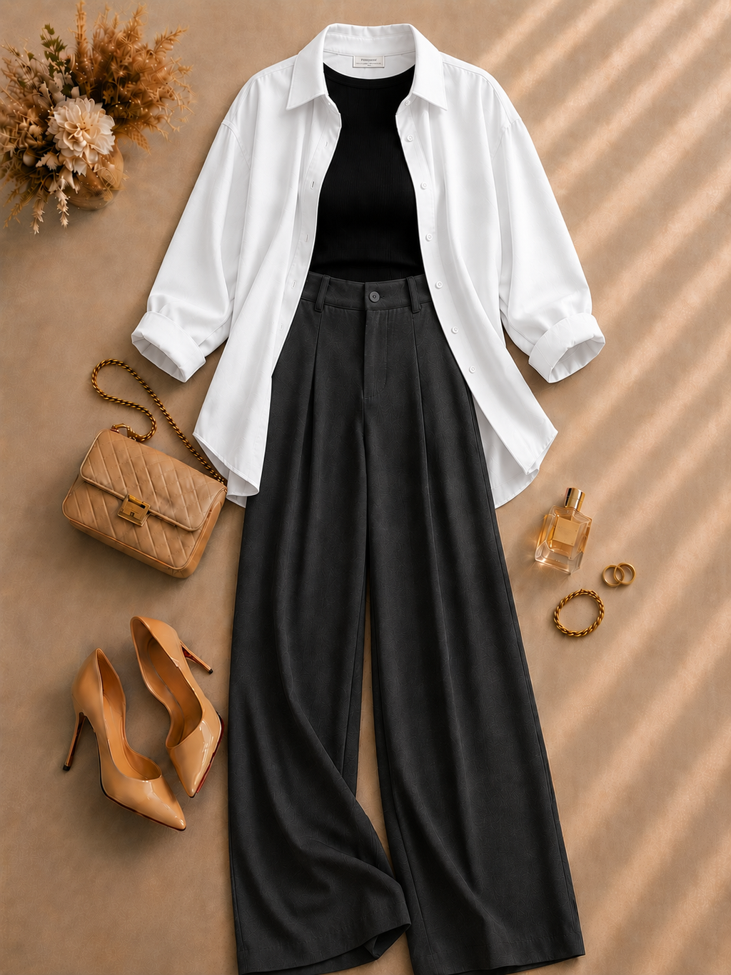 White Button Down Shirt With Black Inner & Charcoal Formal Pant