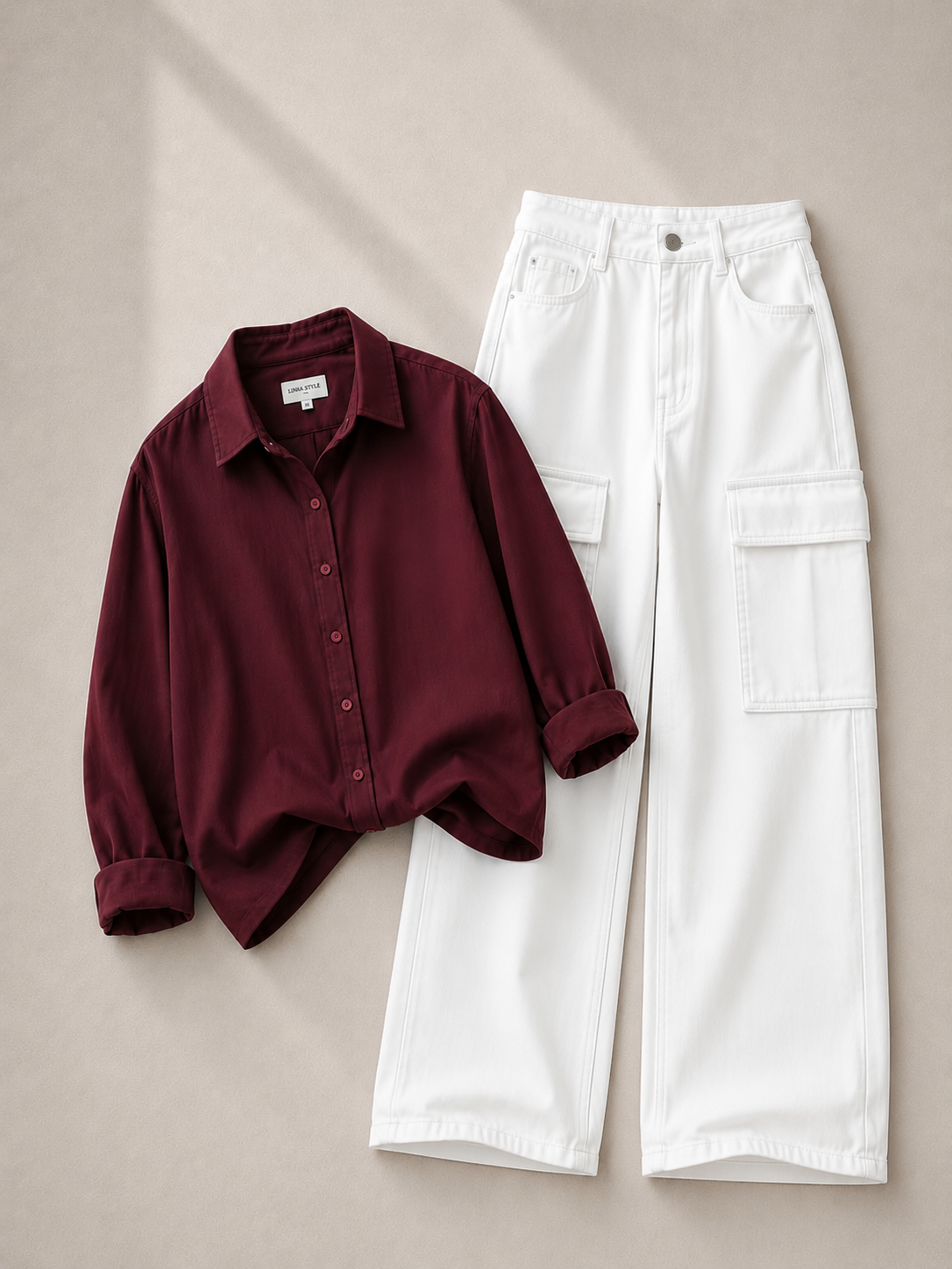 Maroon Button Down Shirt & White Cargo Jeans