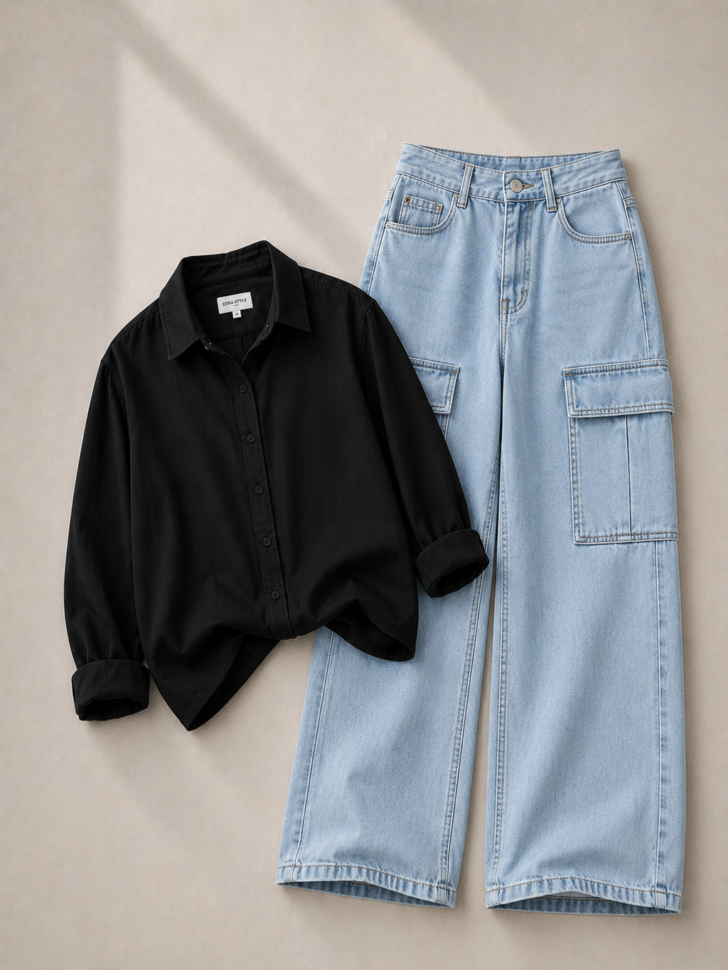 Black Button Down Shirt & Ice-Blue Cargo Jeans
