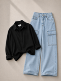 Black Button Down Shirt & Ice-Blue Cargo Jeans