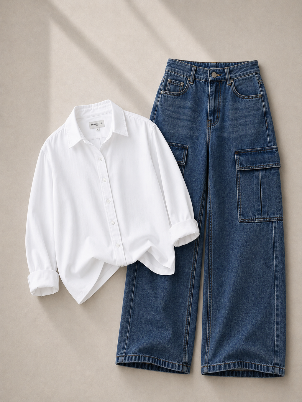 White Button Down Shirt & Mid-Blue Cargo Jeans