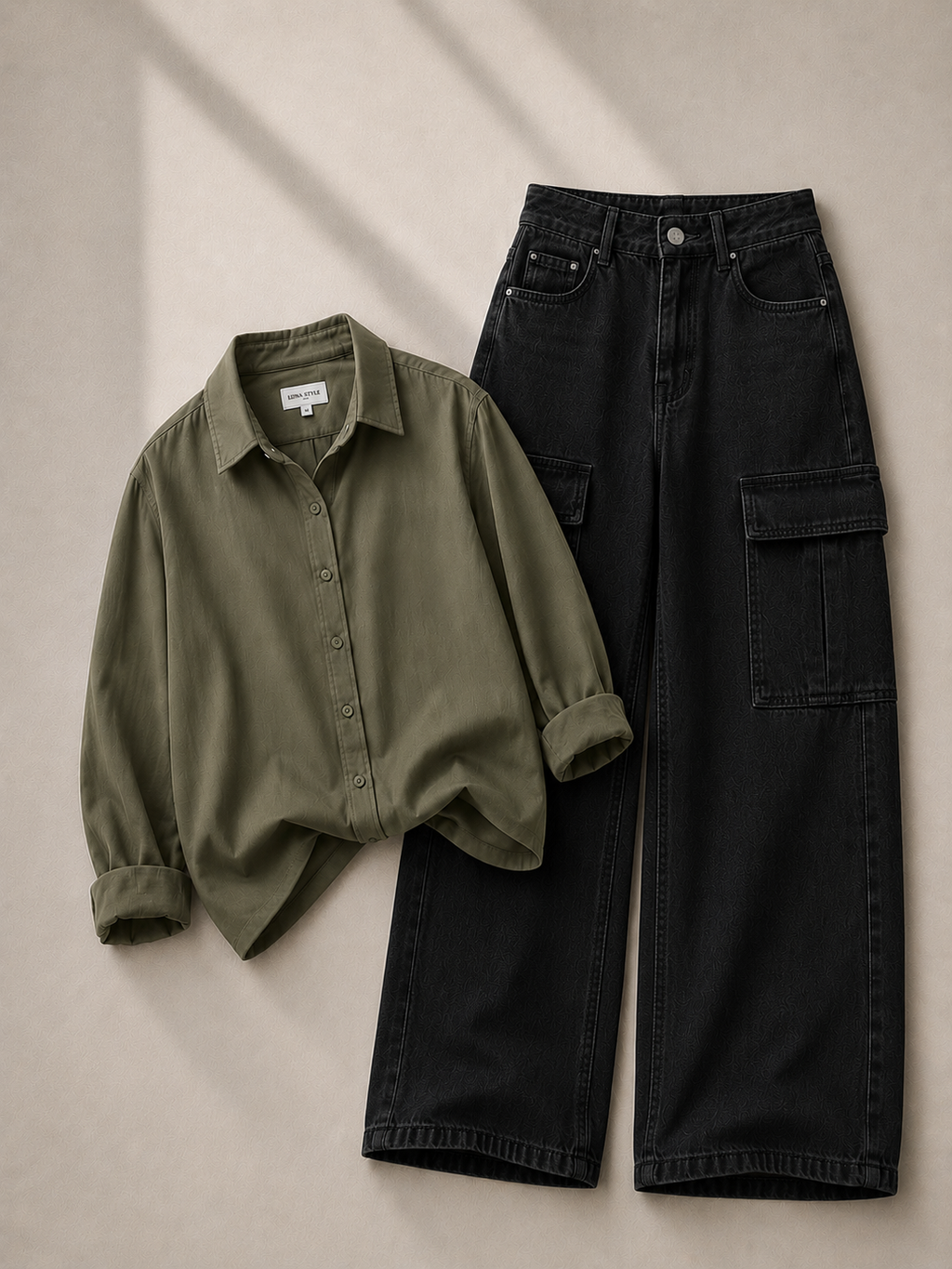 Olive Green Button Down Shirt & Black Cargo Jeans