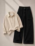 Beige Button Down Shirt & Black Cargo Jeans