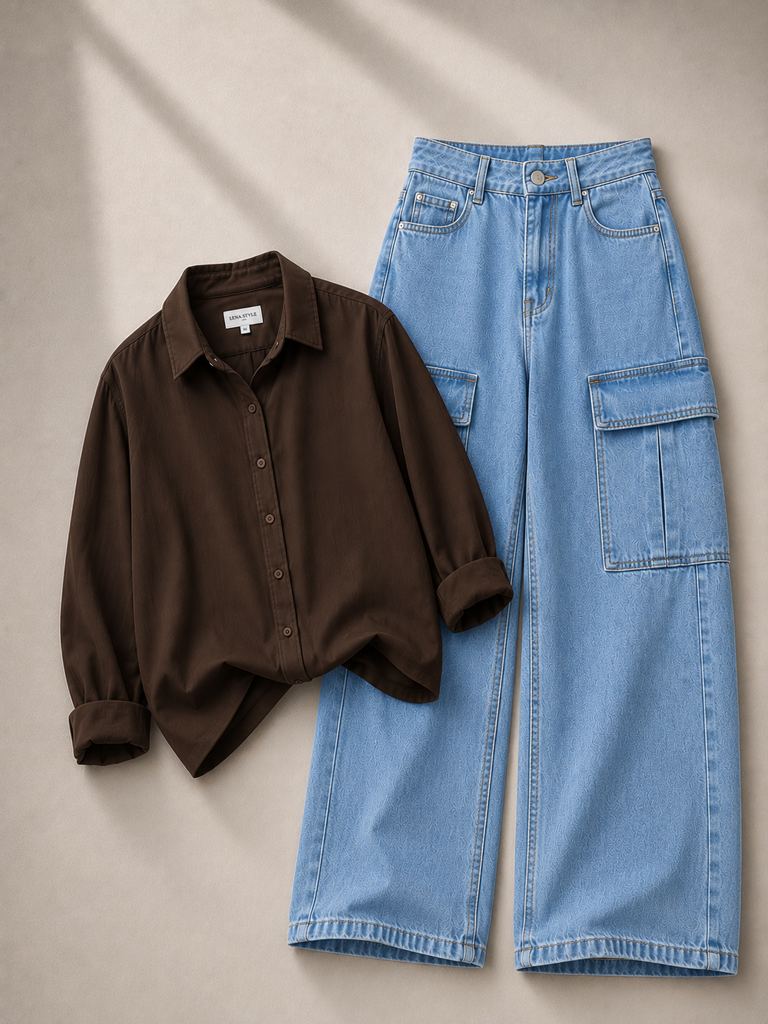 Brown Button Down Shirt & Ice-Blue Cargo Jeans
