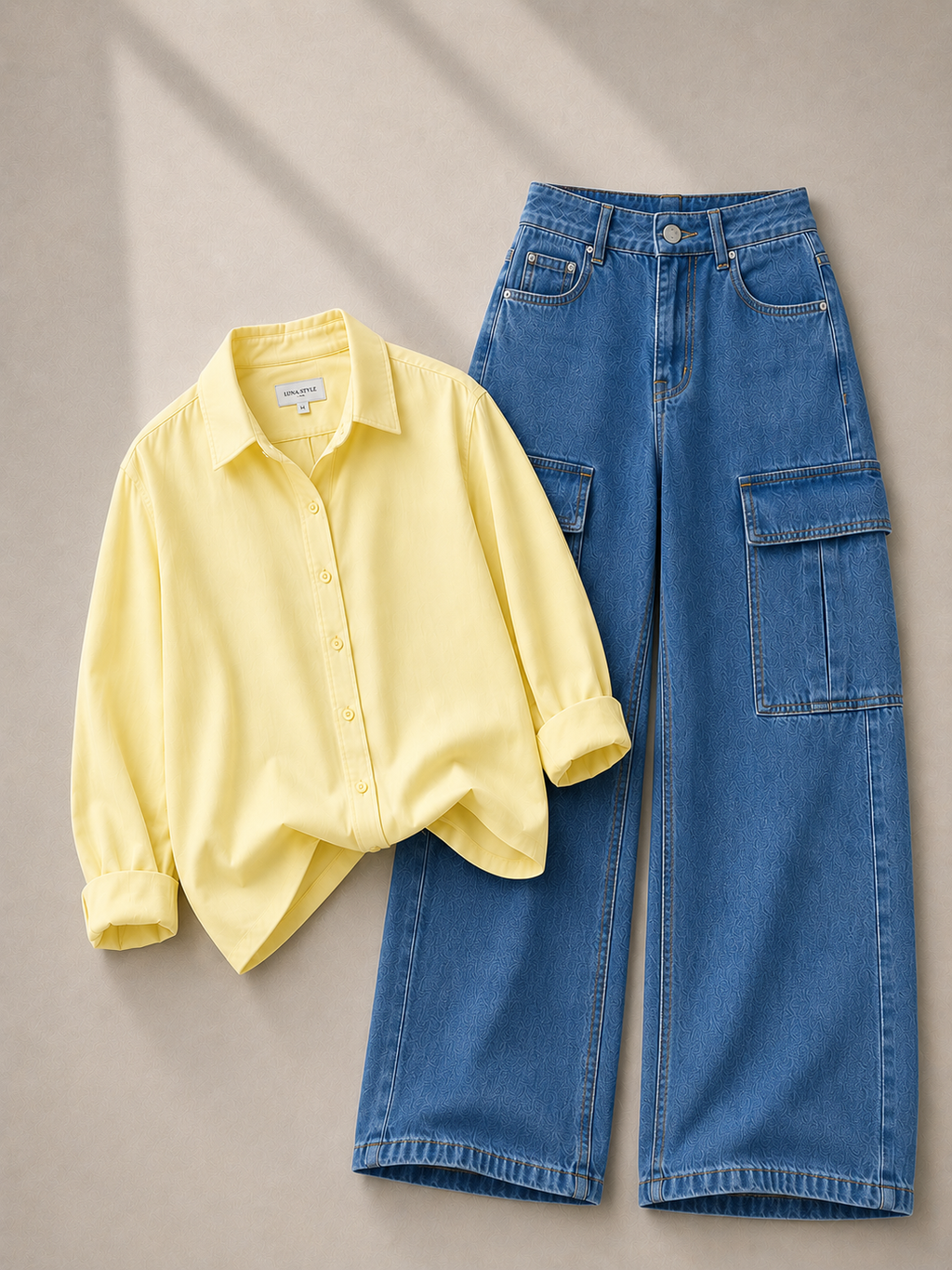 Lemon Button Down Shirt & Mid-Blue Cargo Jeans