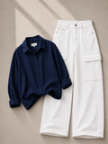 Navy-Blue Button Down Shirt & White Cargo Jeans