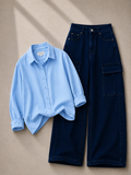 Sky-Blue Button Down Shirt & Dark-Blue Cargo Jeans