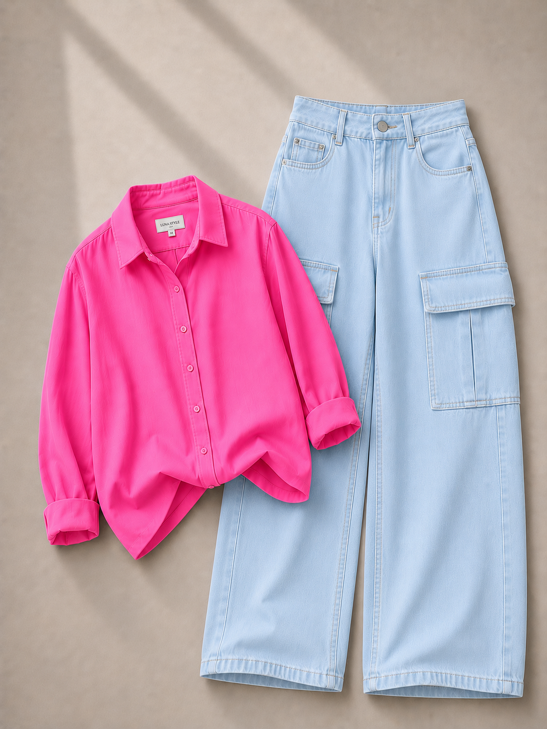 Hot-Pink Button Down Shirt & Ice-Blue Cargo Jeans