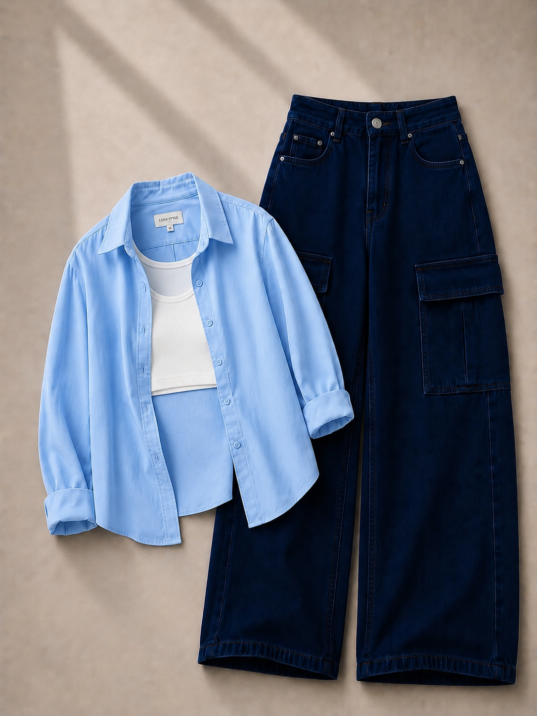 Sky-Blue Button Down Shirt With White Inner & Dark-Blue Cargo Jeans