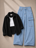 Black Button Down Shirt With White Inner & Ice-Blue Cargo Jeans
