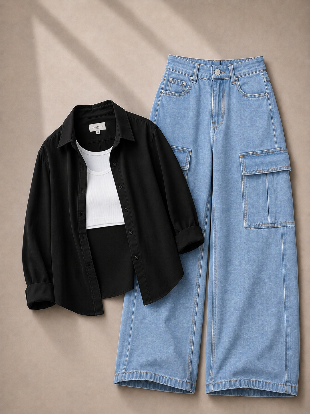 Black Button Down Shirt With White Inner & Ice-Blue Cargo Jeans