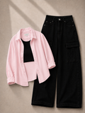 Baby-Pink Button Down Shirt With Black Inner & Black Cargo Jeans