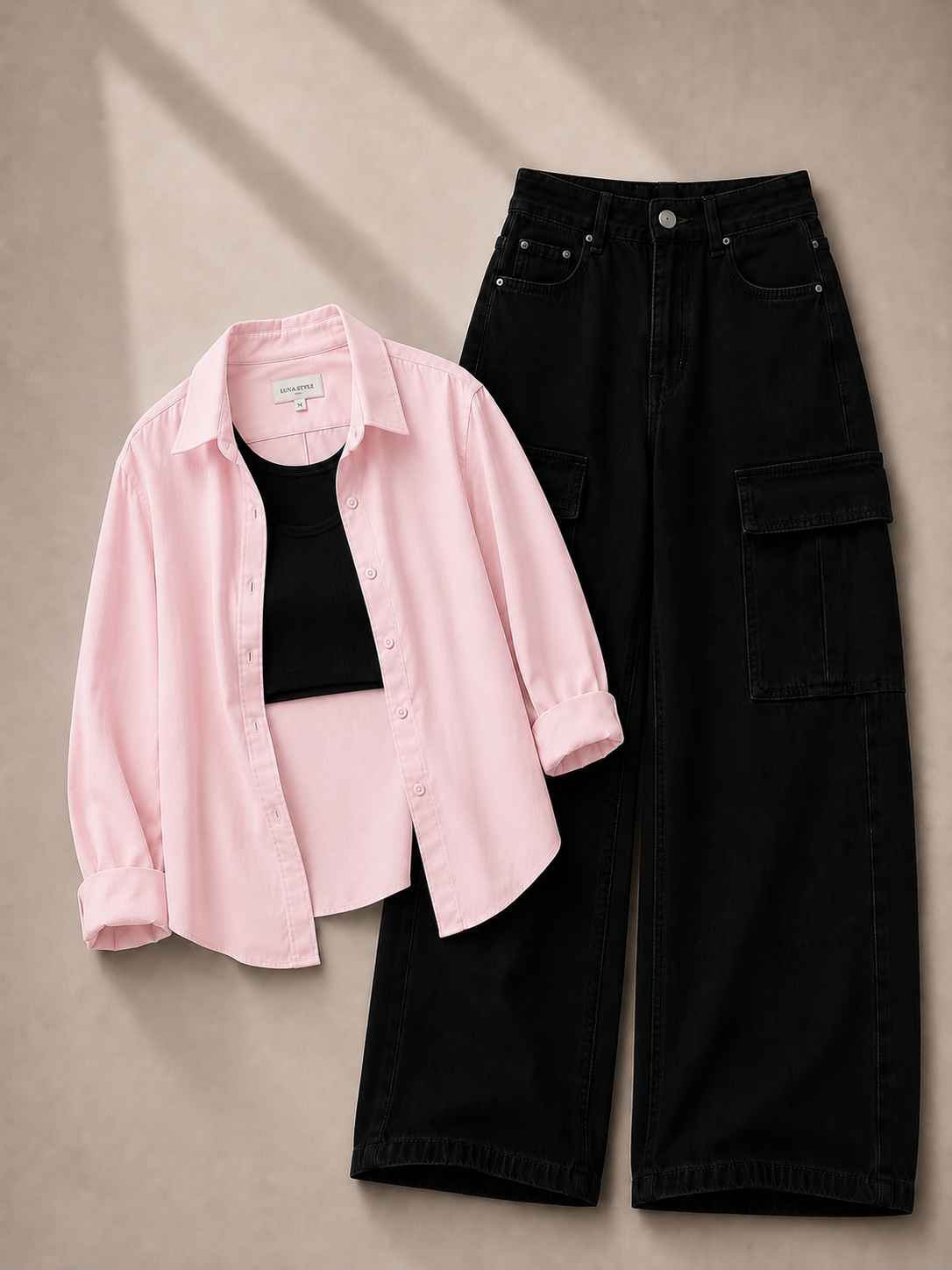 Baby-Pink Button Down Shirt With Black Inner & Black Cargo Jeans