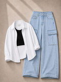 White Button Down Shirt With Black Inner & Ice-Blue Cargo Jeans