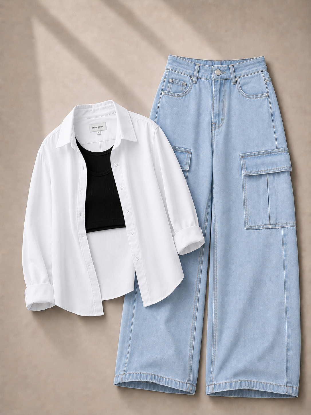 White Button Down Shirt With Black Inner & Ice-Blue Cargo Jeans