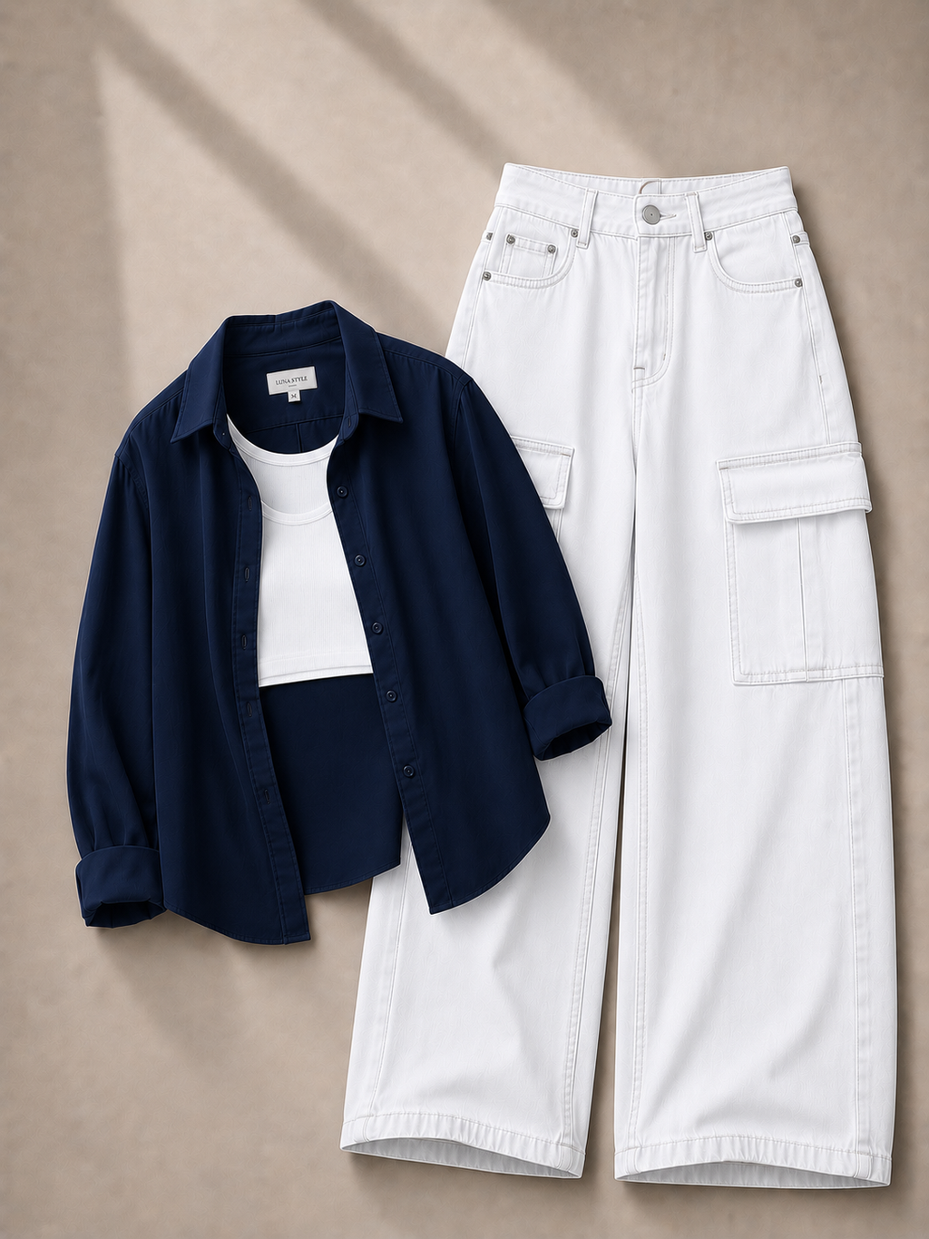 Navy-Blue Button Down Shirt With White Inner & White Cargo Jeans