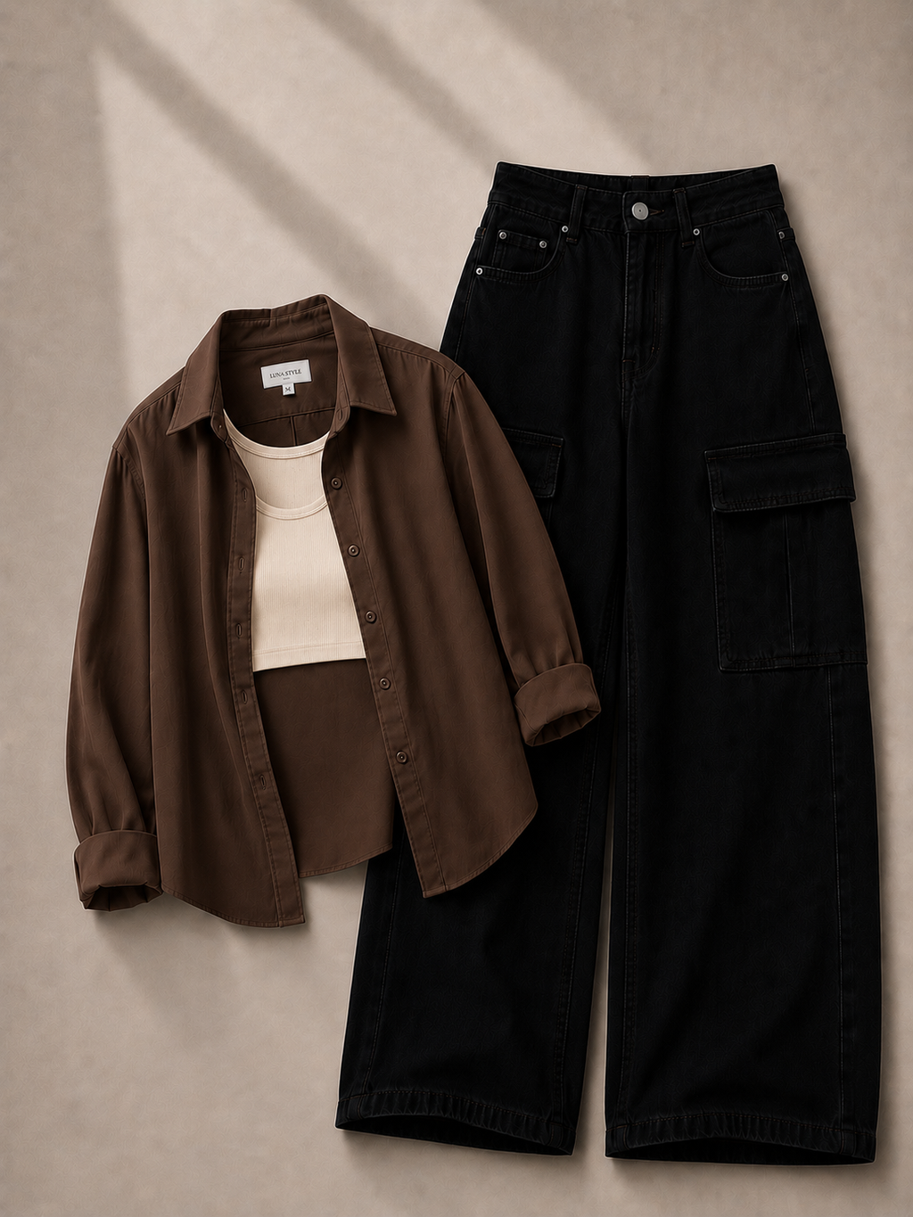 Brown Button Down Shirt With Beige Inner & Black Cargo Jeans
