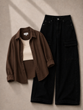 Brown Button Down Shirt With Beige Inner & Black Cargo Jeans