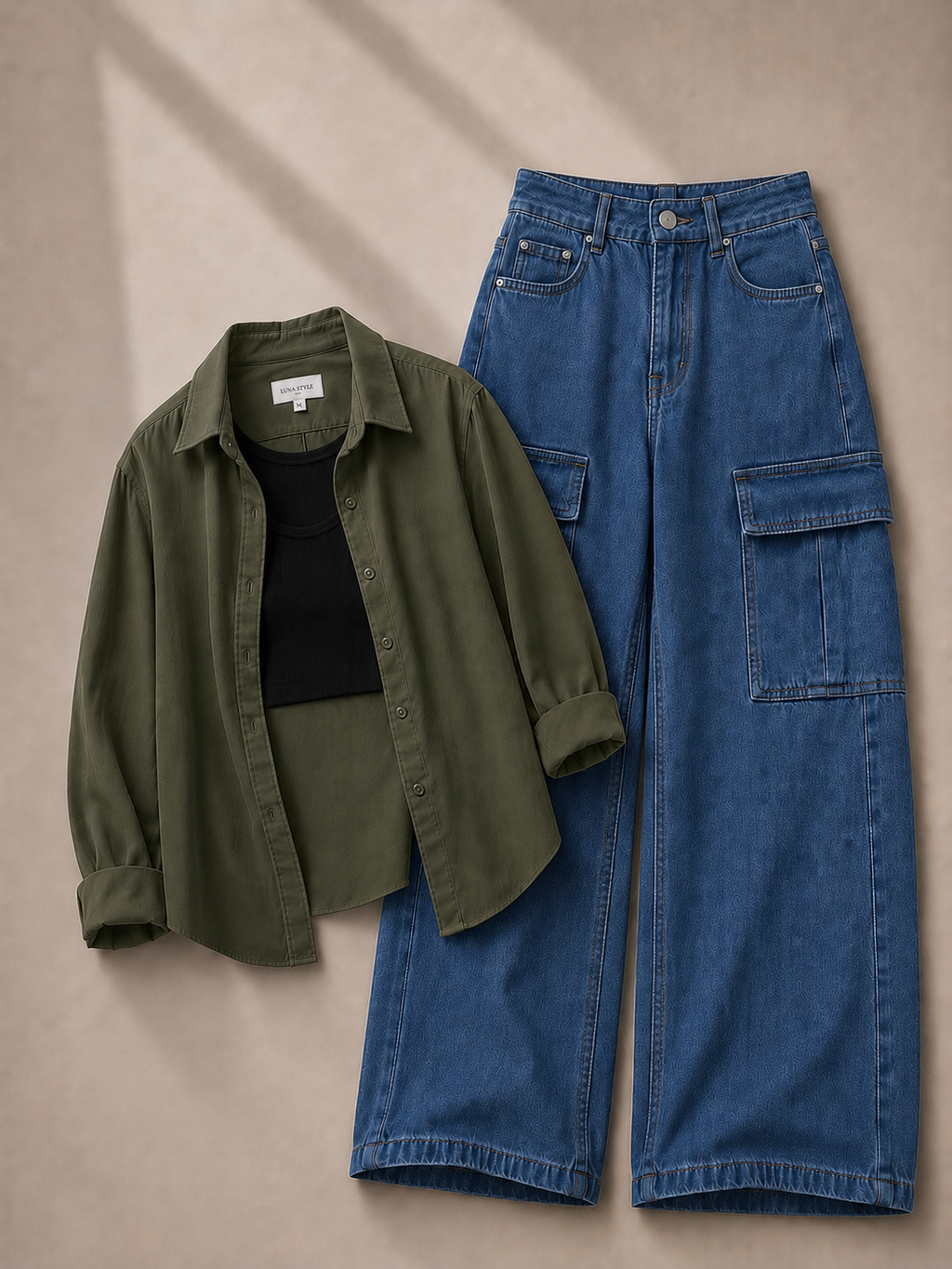 Olive-Green Button Down Shirt With Black Inner & Dark-Blue Cargo Jeans