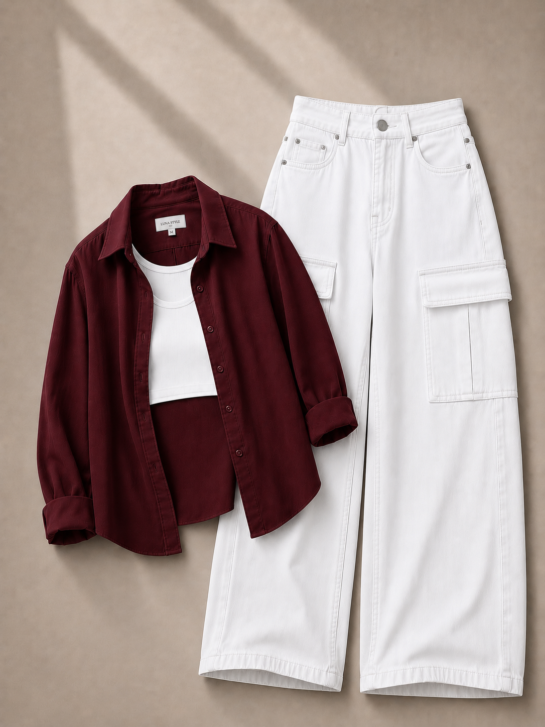 Maroon Button Down Shirt With White Inner & White Cargo Jeans
