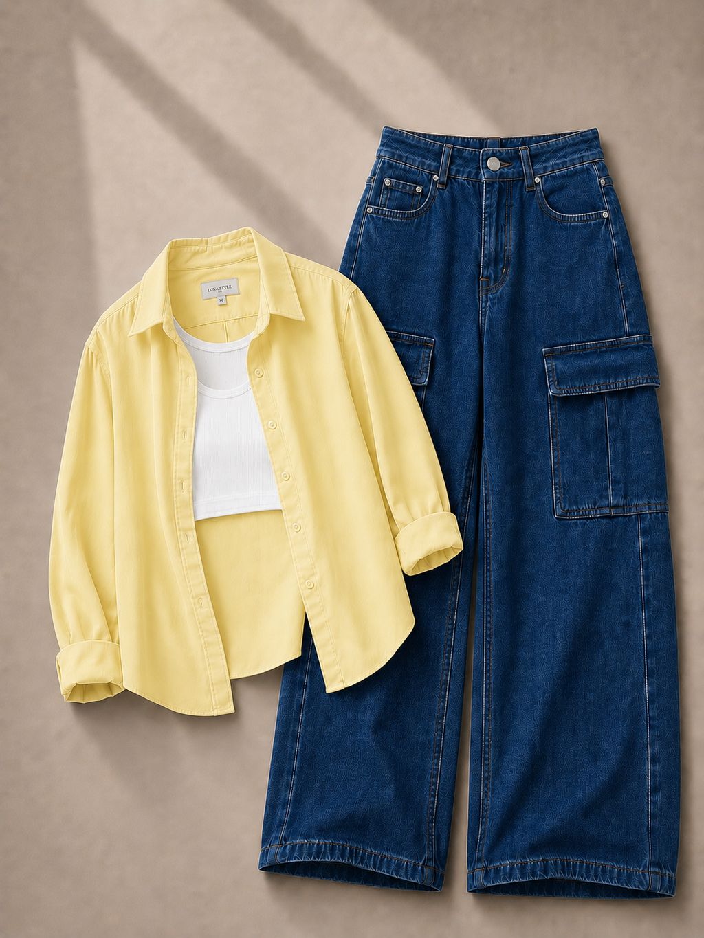 Lemon Button Down Shirt With White Inner & Mid-Blue Cargo Jeans