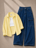 Lemon Button Down Shirt With White Inner & Mid-Blue Cargo Jeans