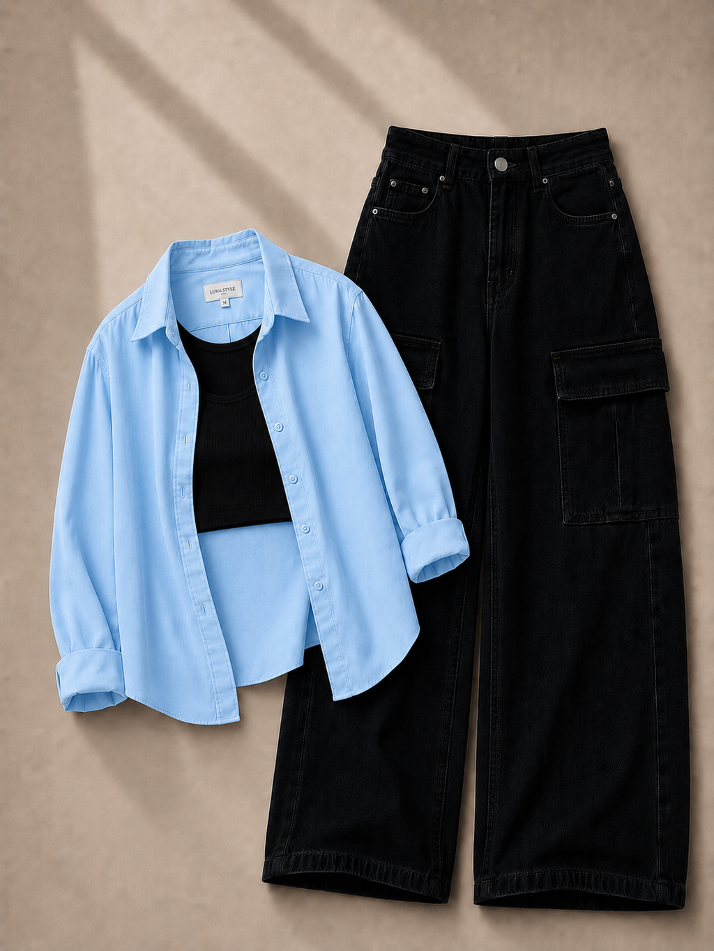 Sky-Blue Button Down Shirt With Black Inner & Black Cargo Jeans