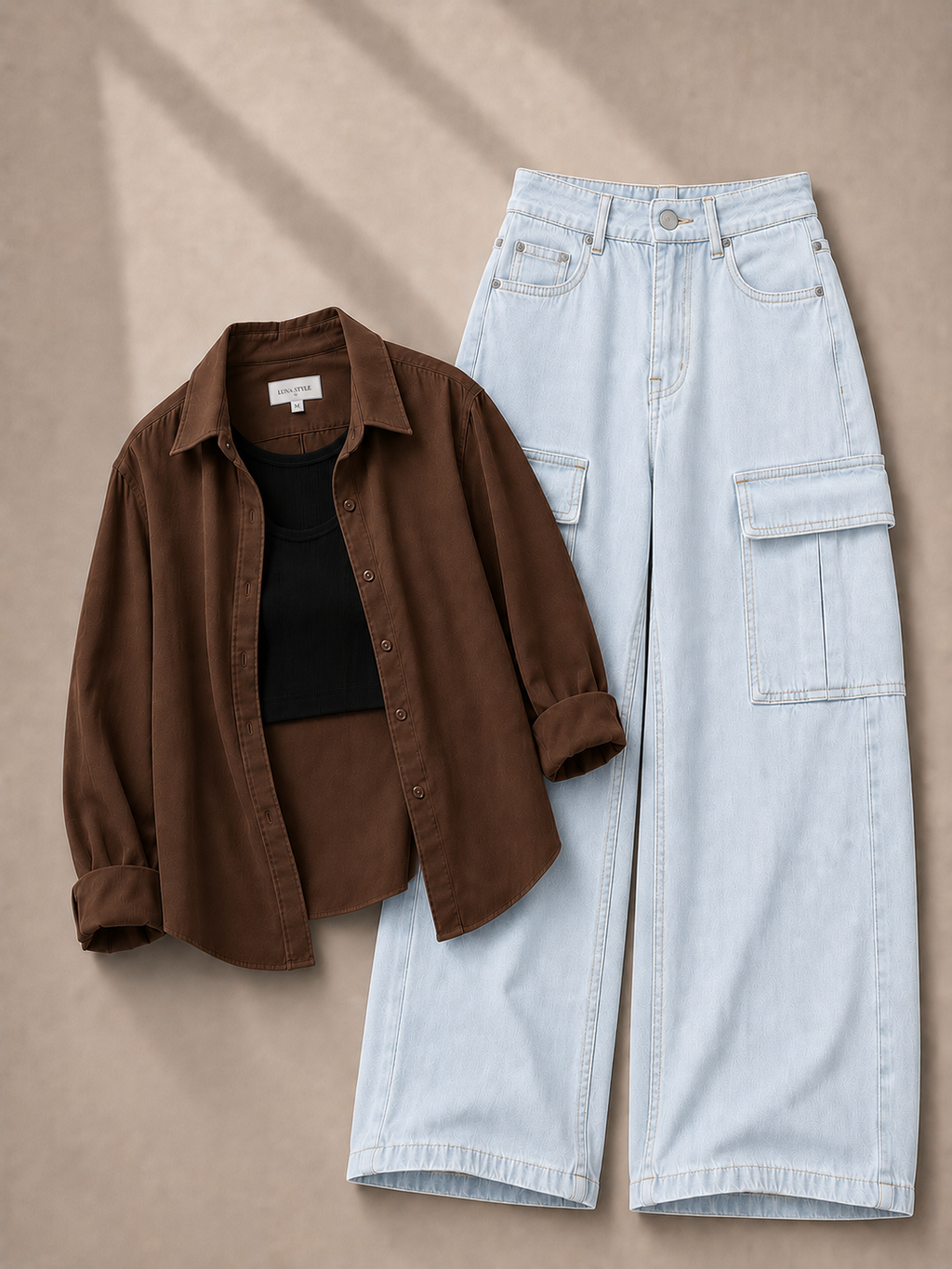 Brown Button Down Shirt With Black Inner & Ice-Blue Cargo Jeans