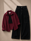 Maroon Button Down Shirt With Black Inner & Black Cargo Jeans