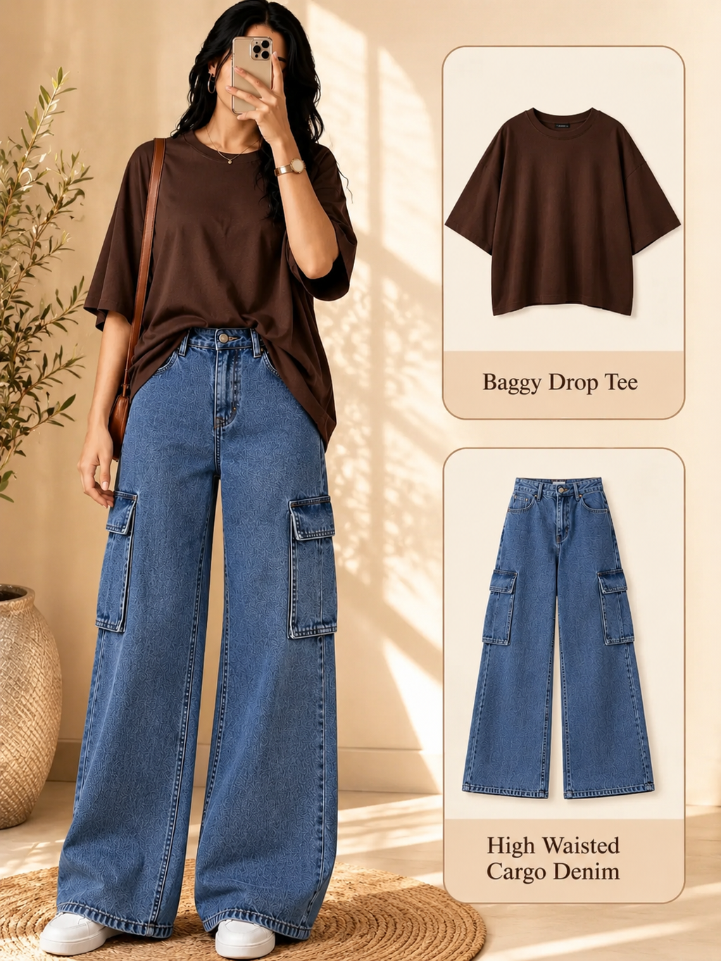 Brown Drop-Shoulder T-Shirt & Mid-Blue Cargo Jeans