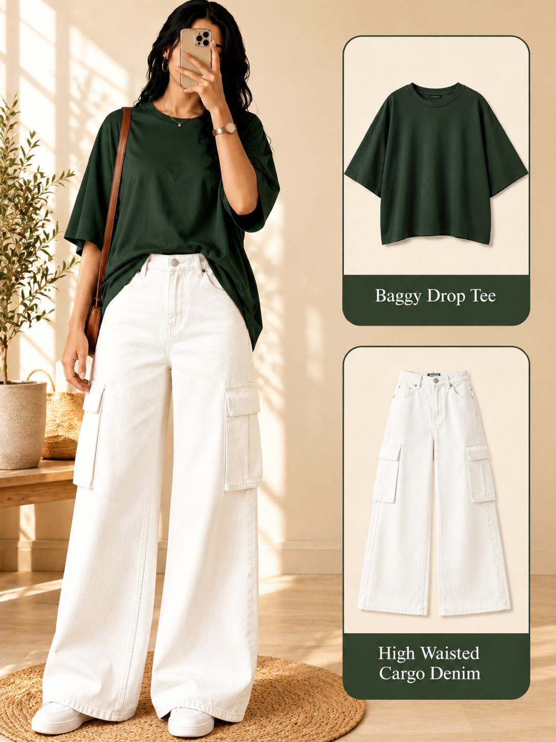 Olive-Green Drop-Shoulder T-Shirt & White Cargo Jeans