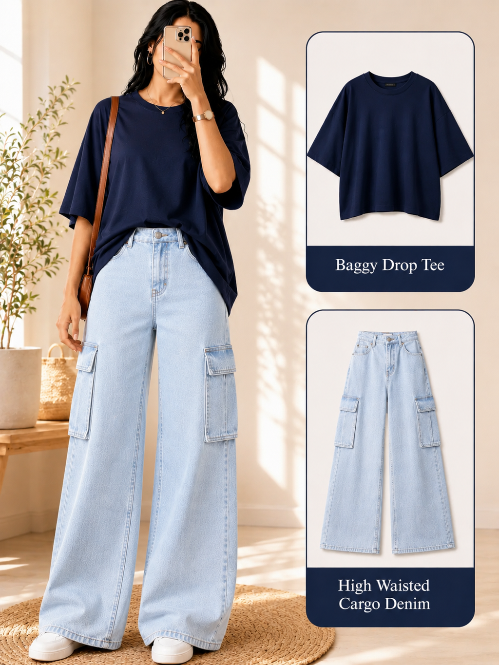 Navy-Blue Drop-Shoulder T-Shirt & Ice-Blue Cargo Jeans