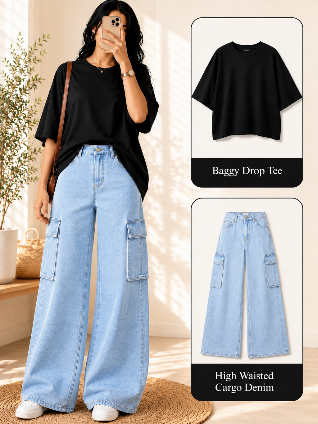 Black Drop-Shoulder T-Shirt & Ice-Blue Cargo Jeans