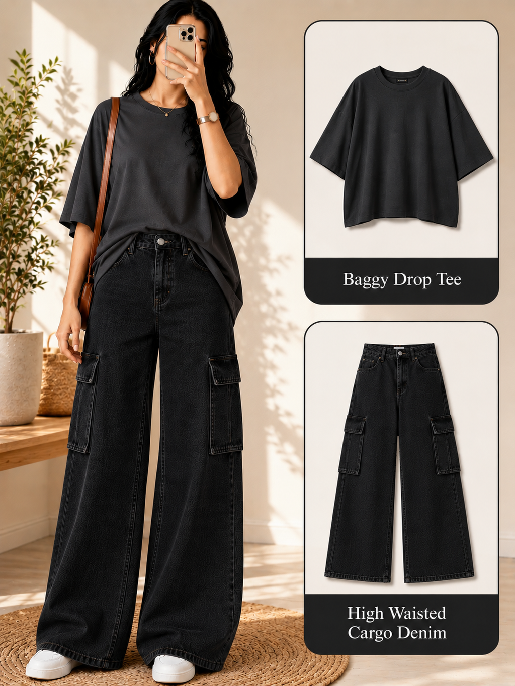 Charcoal Drop-Shoulder T-Shirt & Black Cargo Jeans