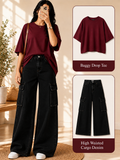 Maroon Drop-Shoulder T-Shirt & Black Cargo Jeans