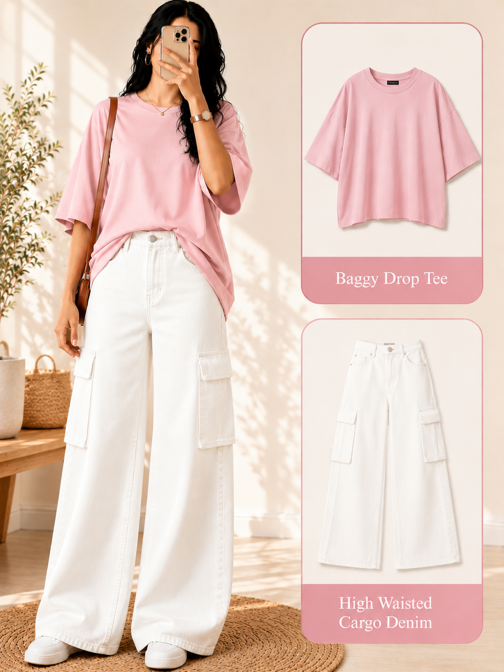 Baby-Pink Drop-Shoulder T-Shirt & White Cargo Jeans