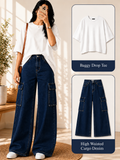 White Drop-Shoulder T-Shirt & Dark-Blue Cargo Jeans