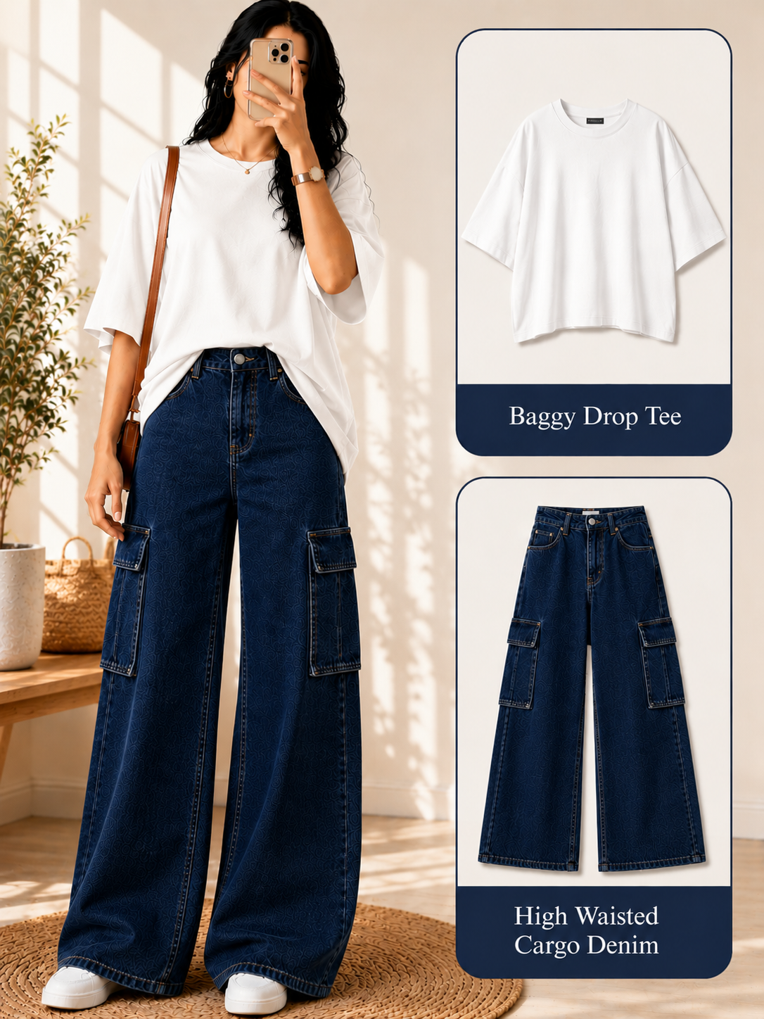 White Drop-Shoulder T-Shirt & Dark-Blue Cargo Jeans