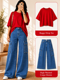 Red Drop-Shoulder T-Shirt & Mid-Blue Cargo Jeans